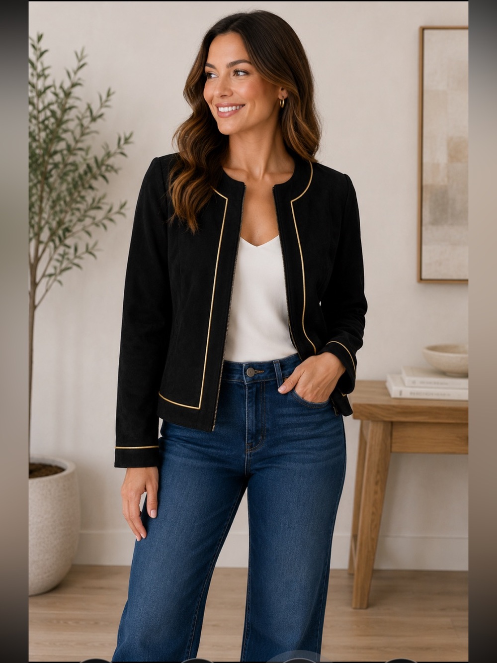Black Suede Zip Jacket with Gold Piping